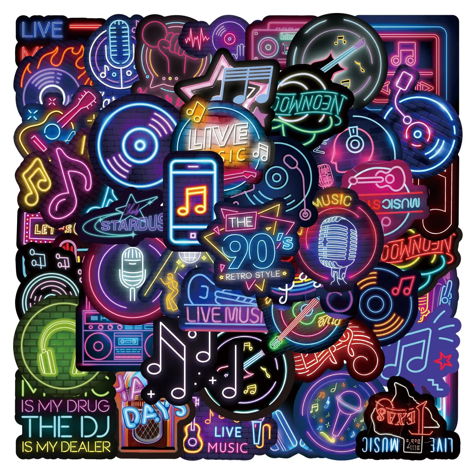 

10/55PCS Neon Style Music Cartoon Graffiti Stickers Personalized Cool Creative DIY Scooter Water Cup Motorcycle Helmet Decal Toy