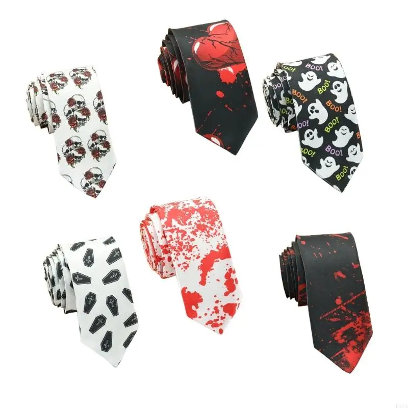 

L5YA Halloween Punk Theme Necktie with Scary Theme Pattern Cosplay Event Accessory