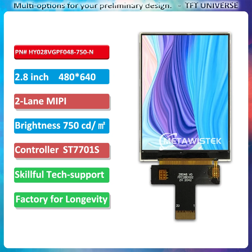 2.8 inch 480x640 TFT display ST7701S 2-Lane MIPI interface 750 nits no touch option customizable lcd module with touch panel