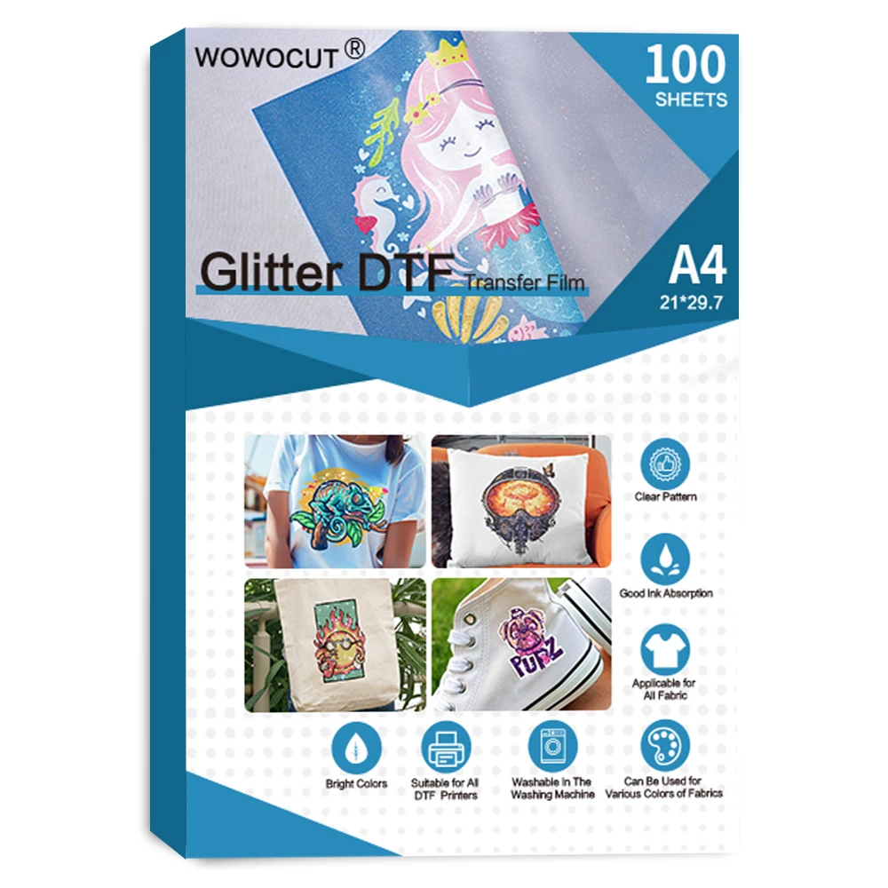 WOWOCUT Glitter DTF Transfer Film 100 Sheets A4 Direct To Film for DTF Sublimation Printers Iron-on Transfer Paper for T-Shirts