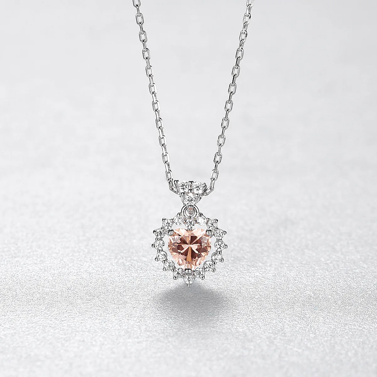 PSJ Fashion Luxury Jewelry Heart Shaped Pink Beryl Pendant Collar Chain 925 Sterling Silver Necklaces for Women Wedding
