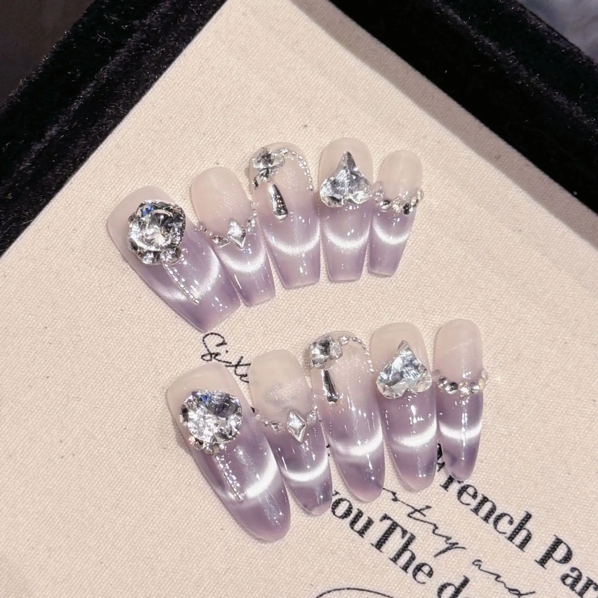 

10 PCS Luxury Handmade Press on Nails Middle Ballet Smile Cat's eye Design with 3-PIECE Tool Adhesive Nail Glue Tabs