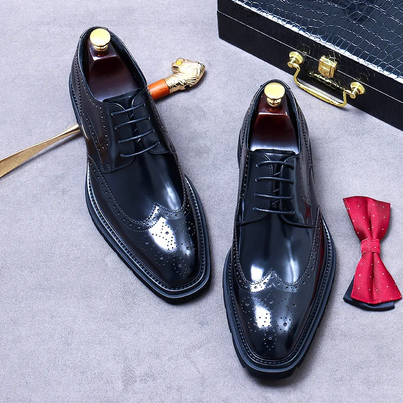 Size 38 To 46 Classic Italian Genuine Leather Men\'s Dress Shoes Black Lace-up Wingtip Oxfords Business Wedding Brogue Suit Shoes