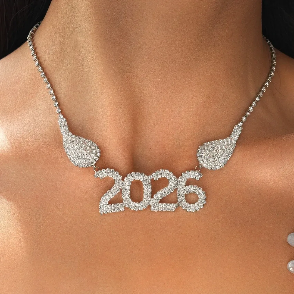 بدلة مجوهرات جمالية عتيقة 2026 مبالغ فيها من حجر الراين أقراط سنة جديدة سعيدة لامعة قطرة طويلة 2026 قلادة للحفلات #4