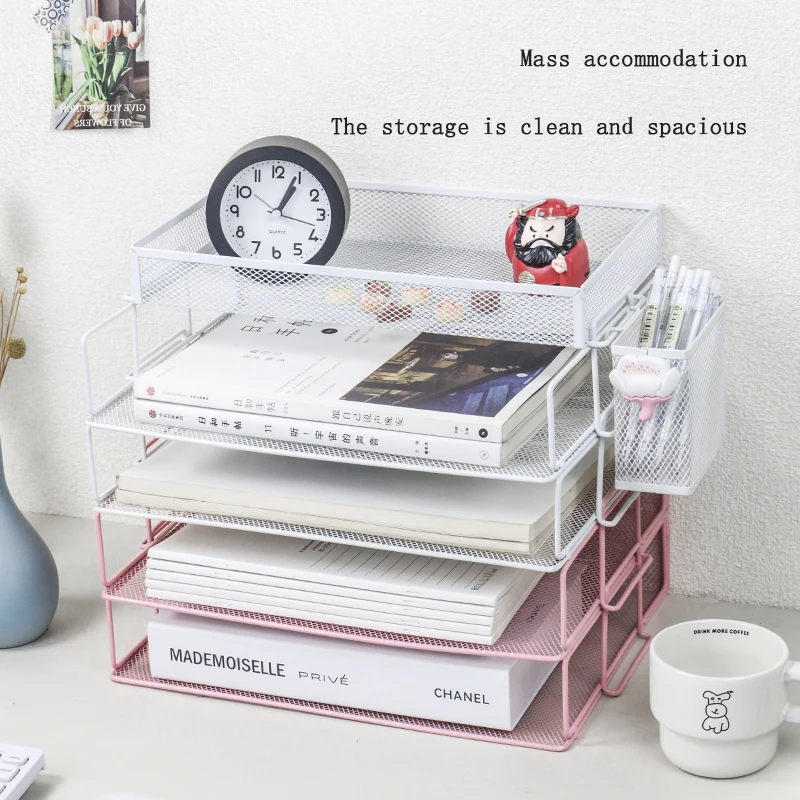 

Desk organizer - Stackable paper tray,4 layer pink desk organizer,5 tray metal paper organizer, suitable for desk, file organize