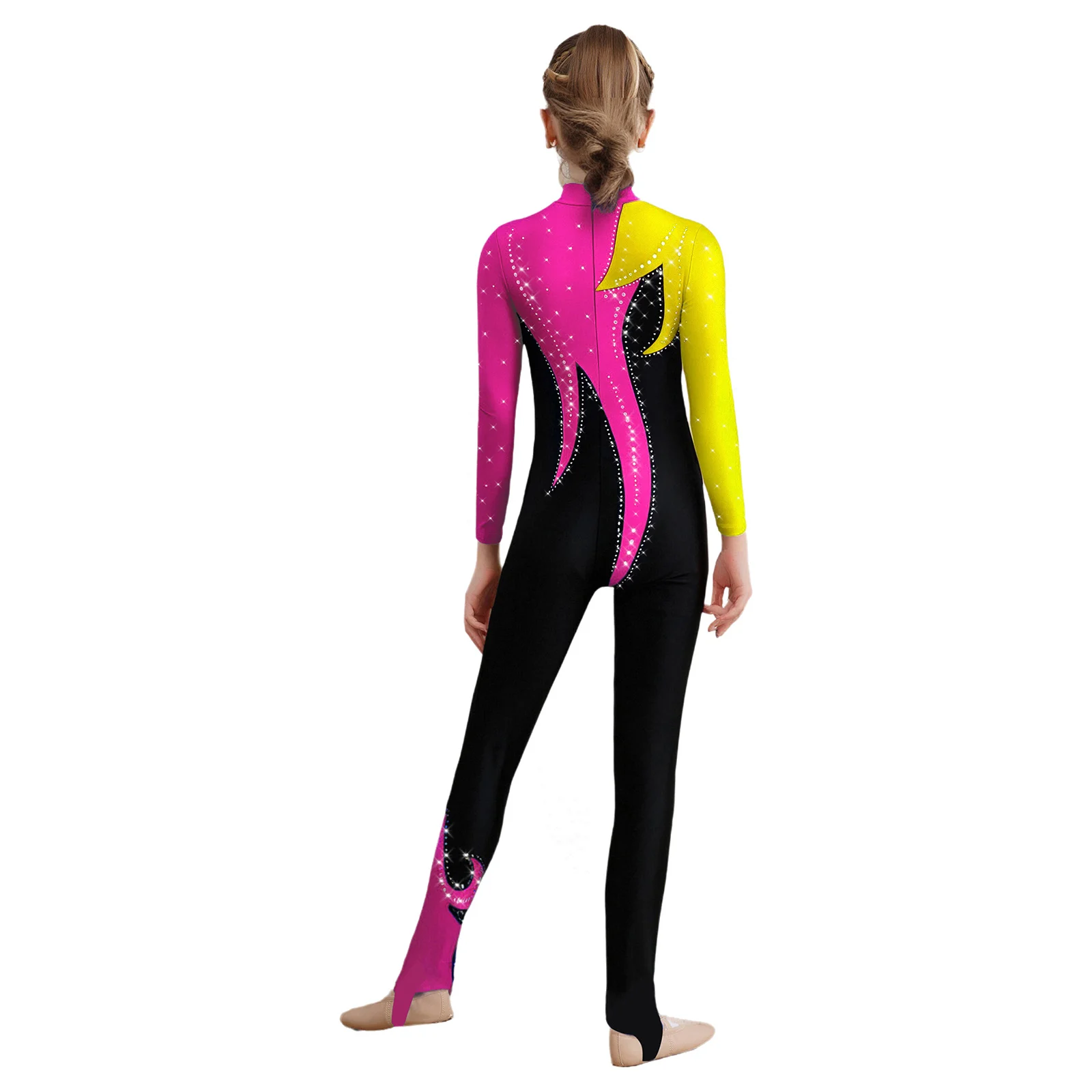 Girls Gymnastics Leotard Jumpsuit Figure Skating Dance Performance Costume Mock Neck Long Sleeve Sheer Mesh Rhinestones Bodysuit