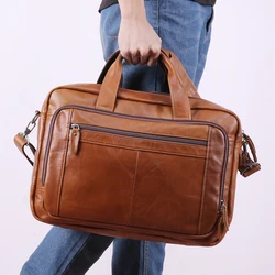 Men's Briefcase Business Handbag 17 inch Genuine Leather Male Computer Bag Cowhide Retro Crossbody Bag For Men