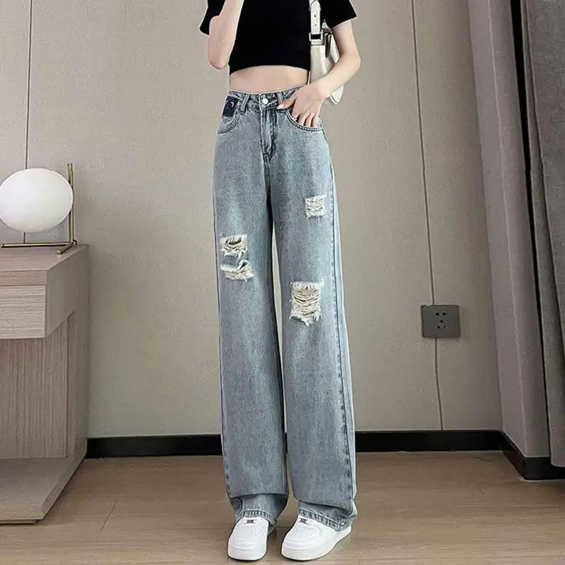 Color Blocked High Waisted Jeans for a Petite Beggar with a Hole Loose and Casual Wide Legged Floor Length Pants