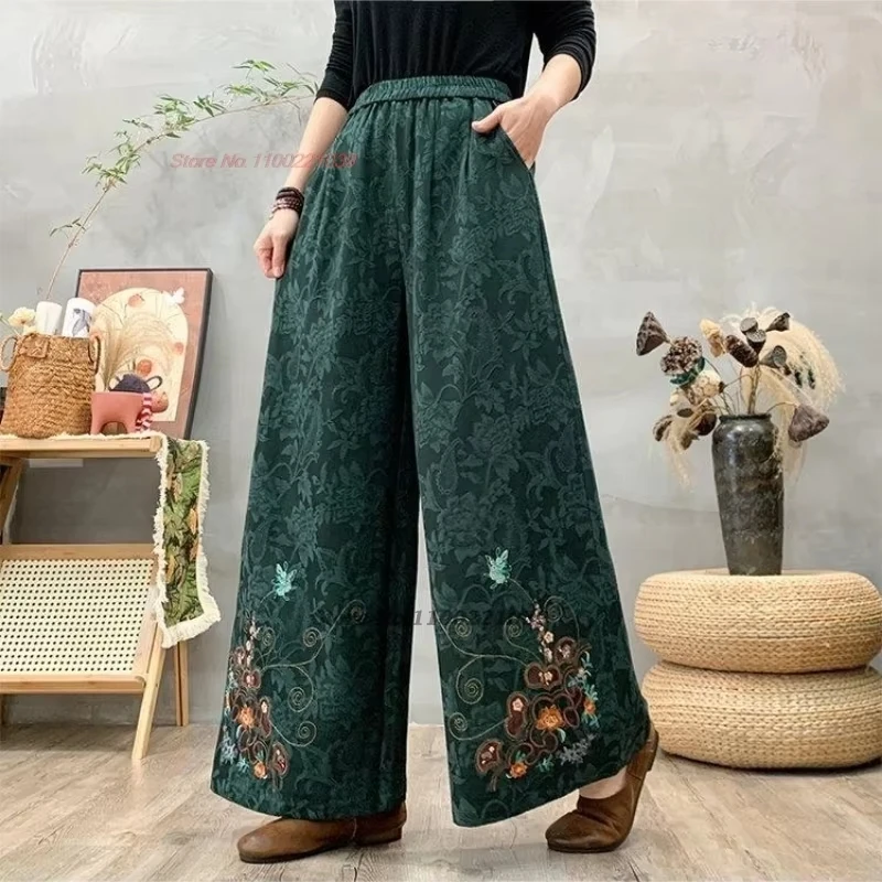 

2025 chinese vintage pants retro cotton linen jacquard trousers national flower embroidery pants elastic waist wide leg trousers