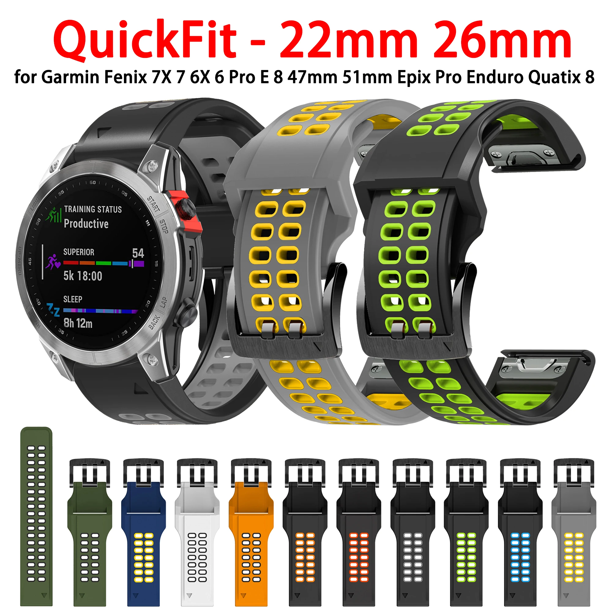 

QuickFit 22mm 26mm Breathable Silicone Strap For Garmin Fenix 8 47mm 7X 7 Pro 6X 6 5 5X Plus/Epix 2 47mm 51mm Bracelet Watchband
