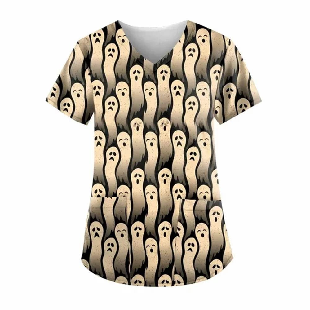 Dekolt w kształcie litery V pracujący mundurek szpitalny Halloween koszula chirurgiczna drukuj Plus rozmiar pielęgniarka mundurek medyczny szorowanie topy kobiety bluzka dyniowa
