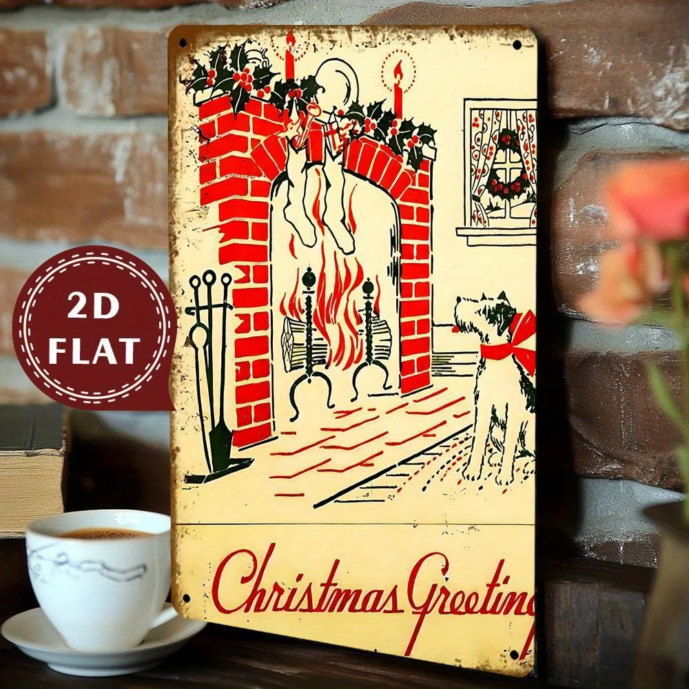 Vintage Iron Wall-Mounted Christmas Decorative Plaque -  Fireplace Scene with Dog,Holly, No Electricity Needed, Indoor/Outdoor