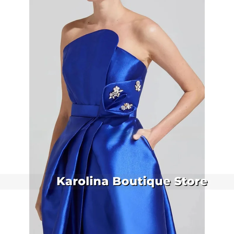 ชุดราตรีหรูหรา สีน้ำเงินอ่อน ผ้าซาติน จับจีบ ประดับคริสตัล ทรงเอไลน์ สายเดี่ยว สำหรับงานเลี้ยง