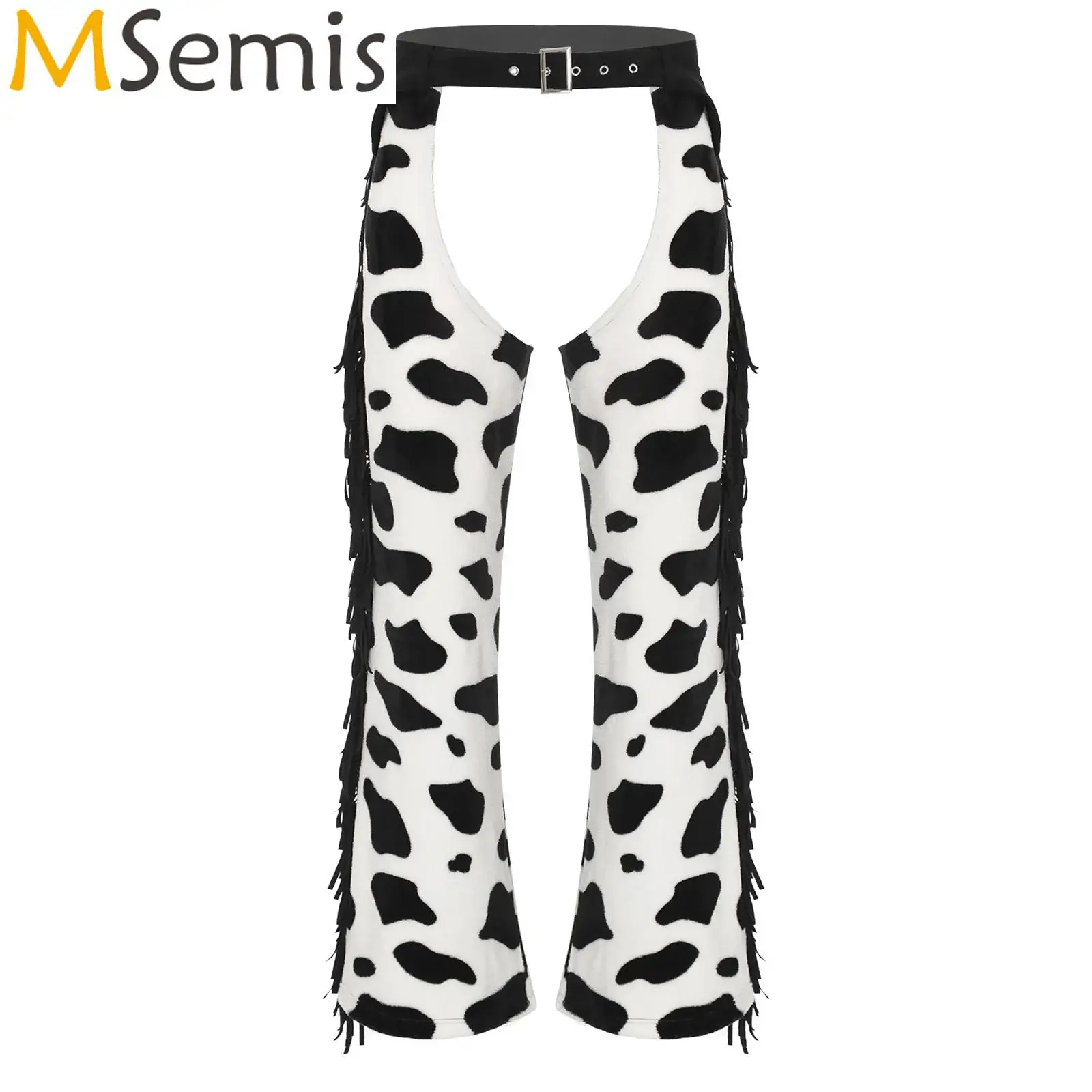 

Mens Halloween Cowboy Cospaly Costume Side Tassel Cow Spot Pattern Hollow Out Open Crotch Biking Riding Flannel Long Pants