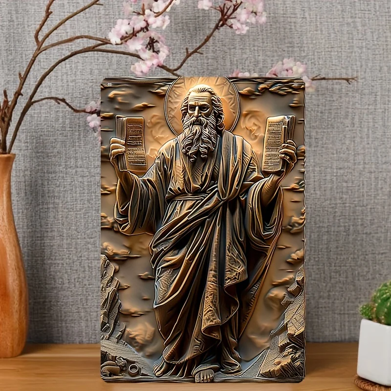 

Boho Style Metal Aluminum Wall Hanging Decorative Plaque, 3D Effect Moses with Ten Commandments Design, Decorative Wall Poster