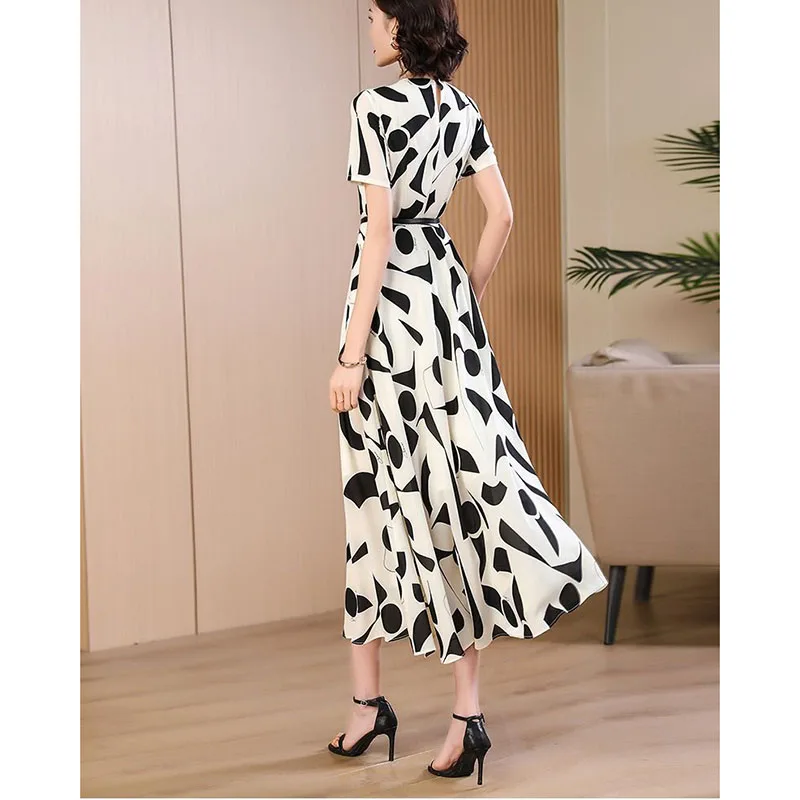 2024 Summer New Temperament Fashion Print Dress Slim Waist Round Neck Age-Reducing Fashion Long Short Sleeve Comfortable Dress