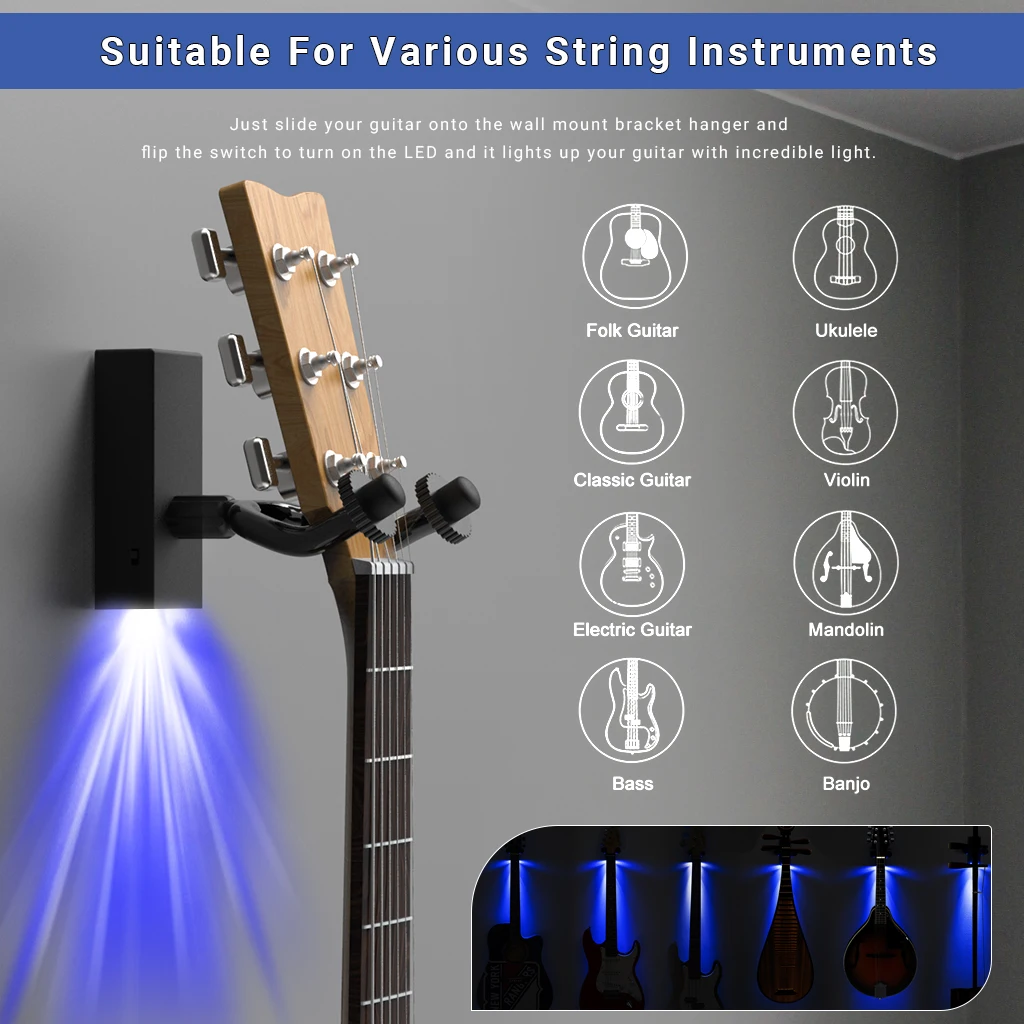 Lighted Guitar Hanger Back-light Electric Guitar Hook Wall Mounted Backlit Ukulele Bass Display Stand Accessories Four Colors