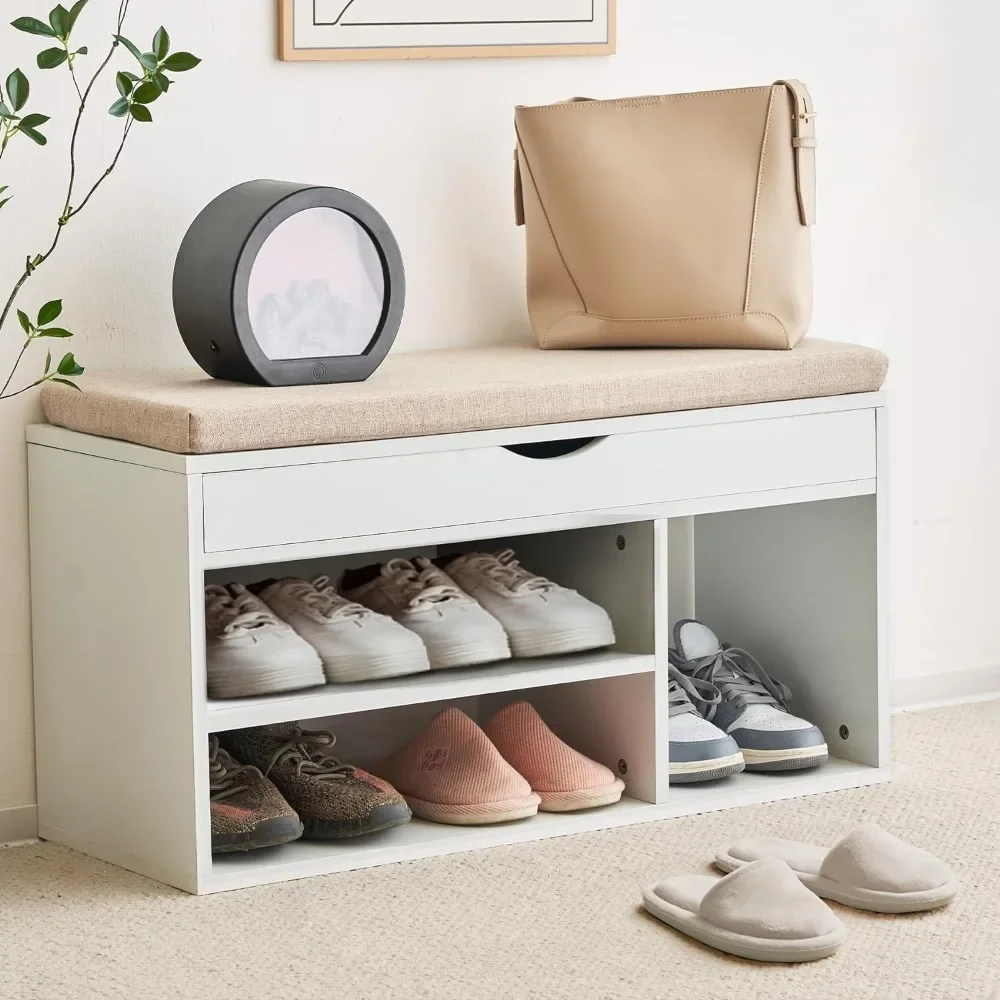 

Storage Bench, Shoe Bench with Flip Top Storage Space and Padded Cushion, Wooden Bench with Storage for Entryway