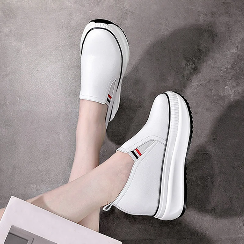 2026 Spring Summer Genuine Leather Shoes Women Fashion Sneakers Height Increasing 8cm White Shoes Flat Platform DX1250