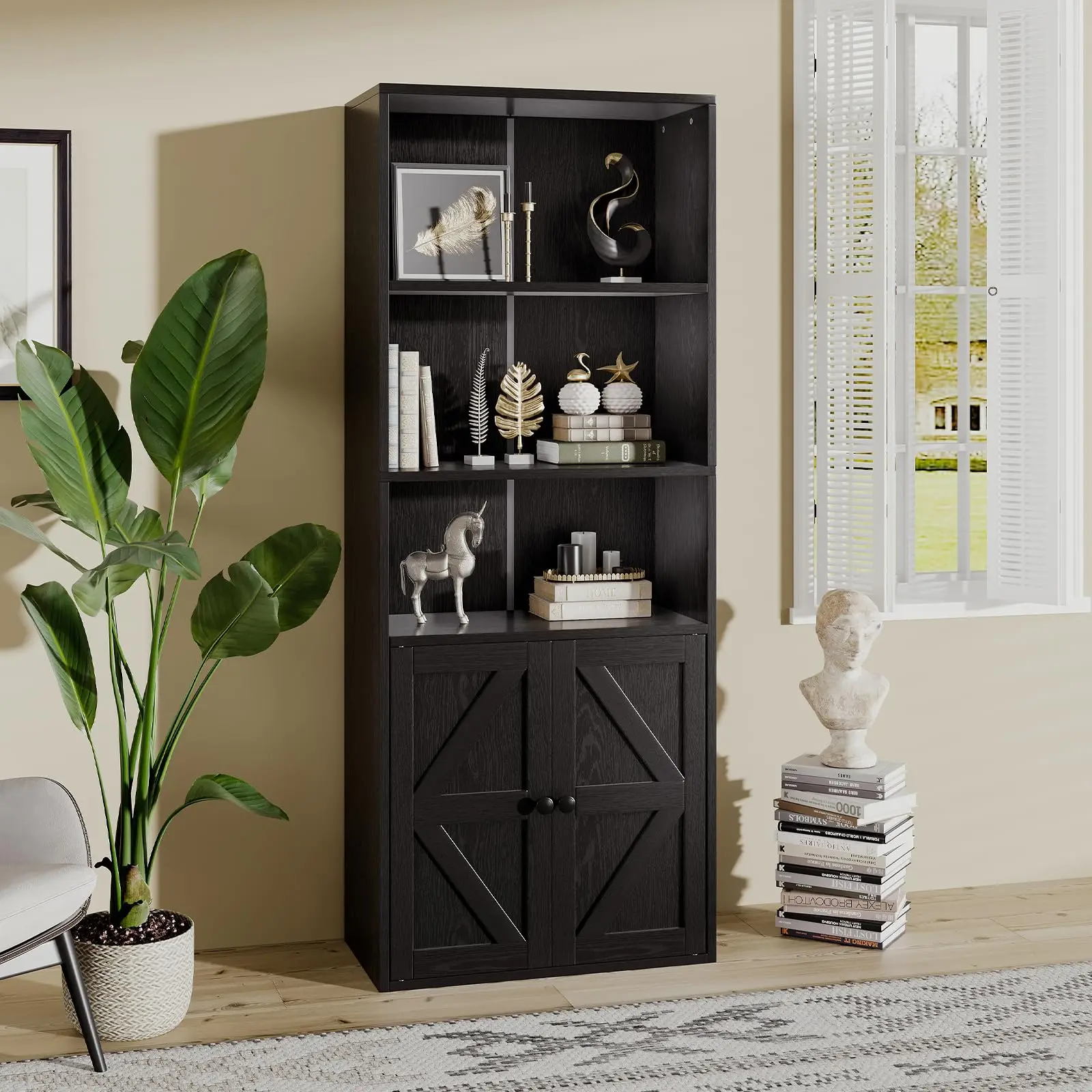 Bookshelf and Bookcase with Doors, 5 Tier Double Wide Large Book Shelf, Open Display Storage Shelves with