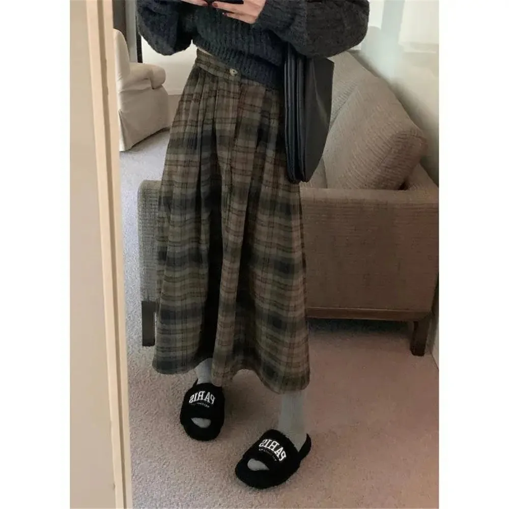 Spring Vintage Thick Plaid Pleated Skirt Women England Brown Elegant Chic Long Skirt High Waist A-Line Casual Woolen Skirts 2023