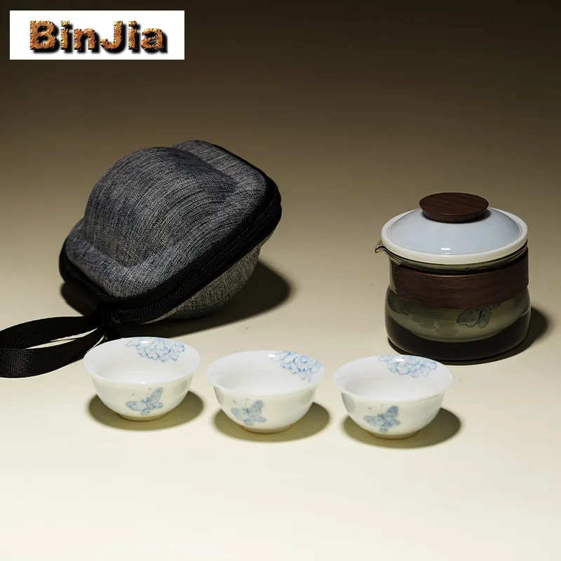 

Дорожный чайный сервиз с ручной росписью в виде бабочки, антикварный 1 горшок, 3 чашки, органайзер для чайника, портативные сумки для кемпинга, принадлежности для рукоделия