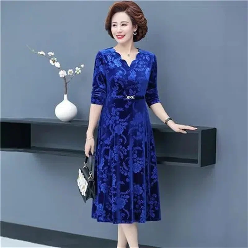 Middle-Aged And Elderly Female Autumn High Pressure Flower V-Neck Dress Temperament Long Sleeve Long Mother Dress Female Elegant