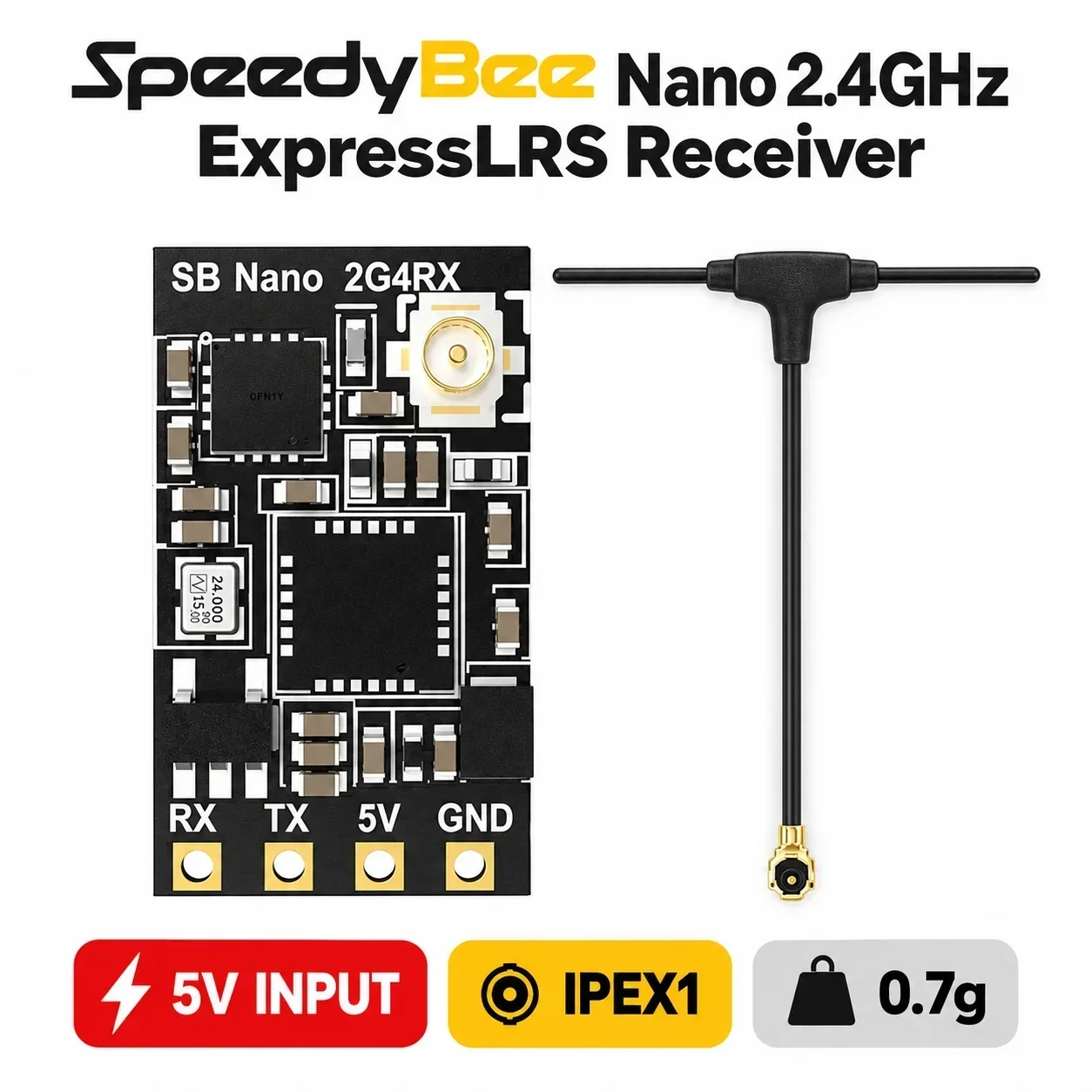 Récepteur SpeedyBee Nano 2,4 GHz ExpressLRS 5V IPEX1 avec antenne en T 0,7 g pour drones de course FPV Freestyle et constructions RC