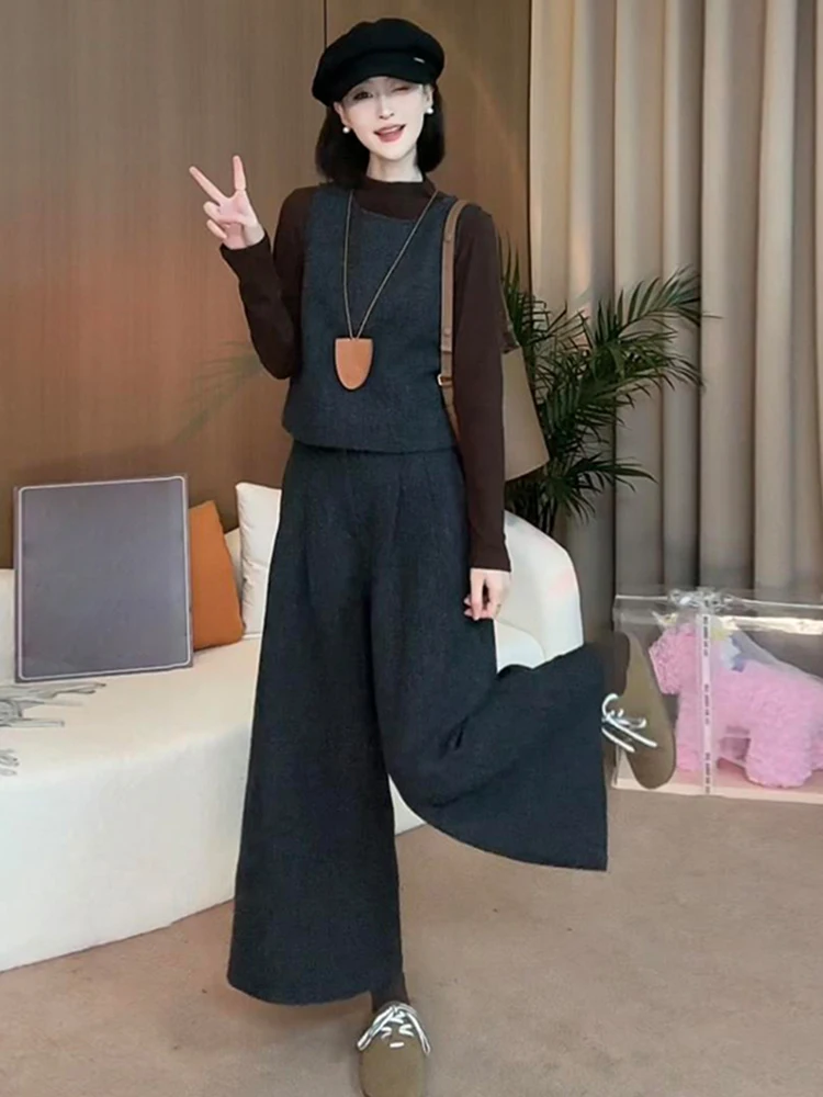 

Elegant Woolen Three-Piece Set Women's Autumn Winter Fashion Wide Leg Pants Sleeveless Vest Nine Points Elegant Match All