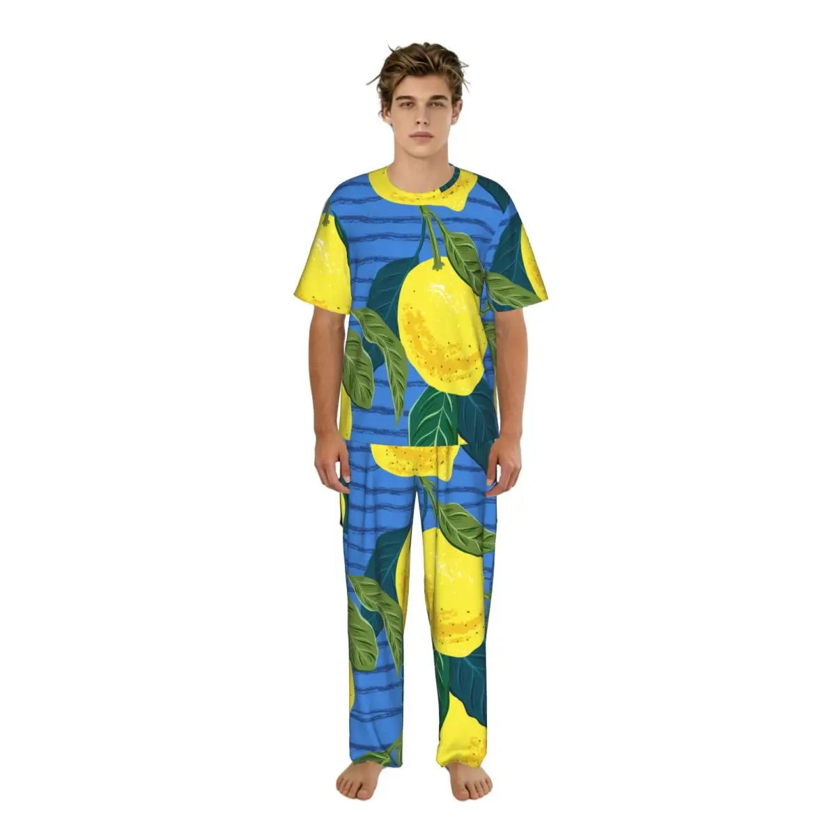 

Мужская пижама с короткими рукавами, комплект из двух предметов: брюки и рубашка, домашняя одежда, пижамный костюм с принтом цитрусовых (лимонов)