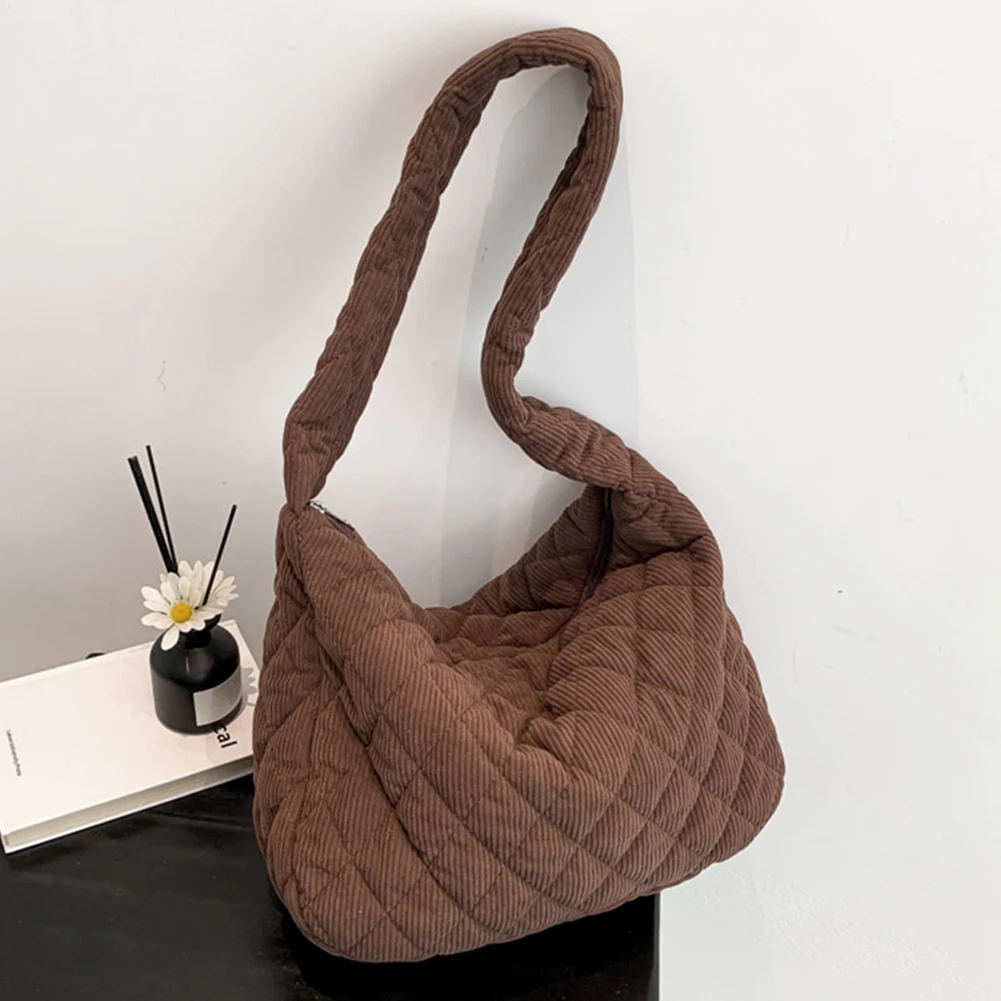 Women Underarm Bag Stylish Corduroy Quilted Shoulder Bag Trendy Bag Fashion Work Tote Retro Classic Purse Solid Color Handbag