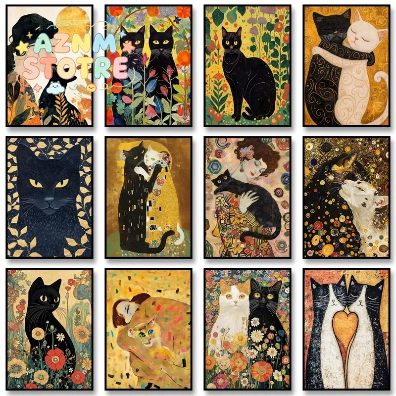(2D canvas painting)  Gustav Klimt Poster Cats Kissing Canvas Painting Print Two Cats Hugging Wall Art Picture for Living Roo