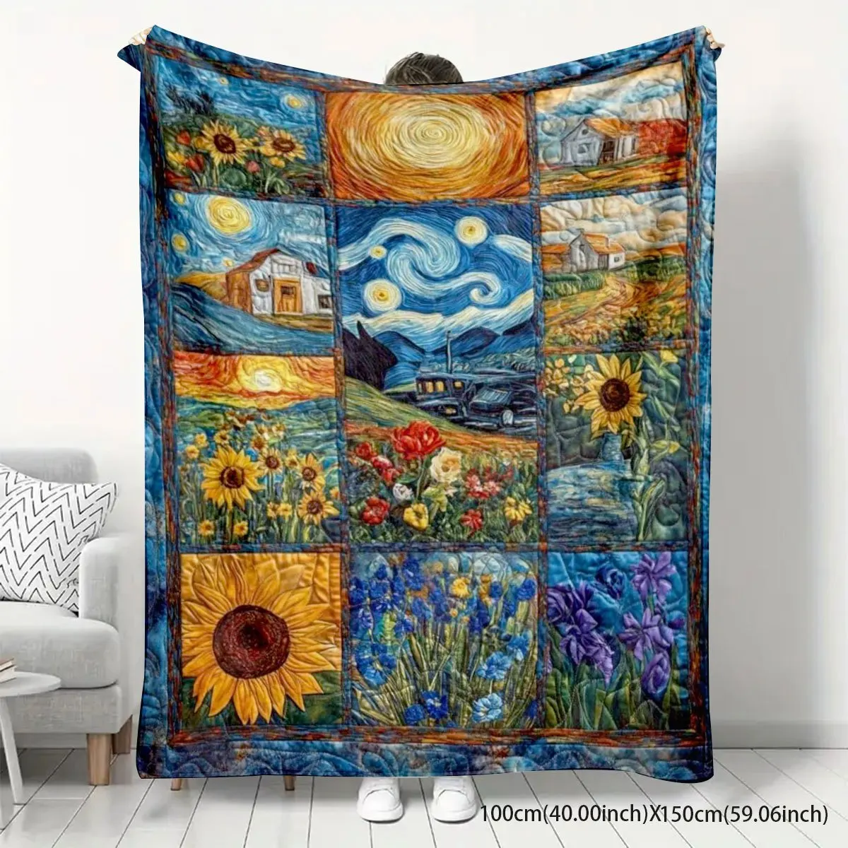 Van Gogh Starry Night Sunflower Flannel Blanket 2D Printed Soft Warm Throw for Sofa Bed Office Camping Cozy Blanket Best Gift fo