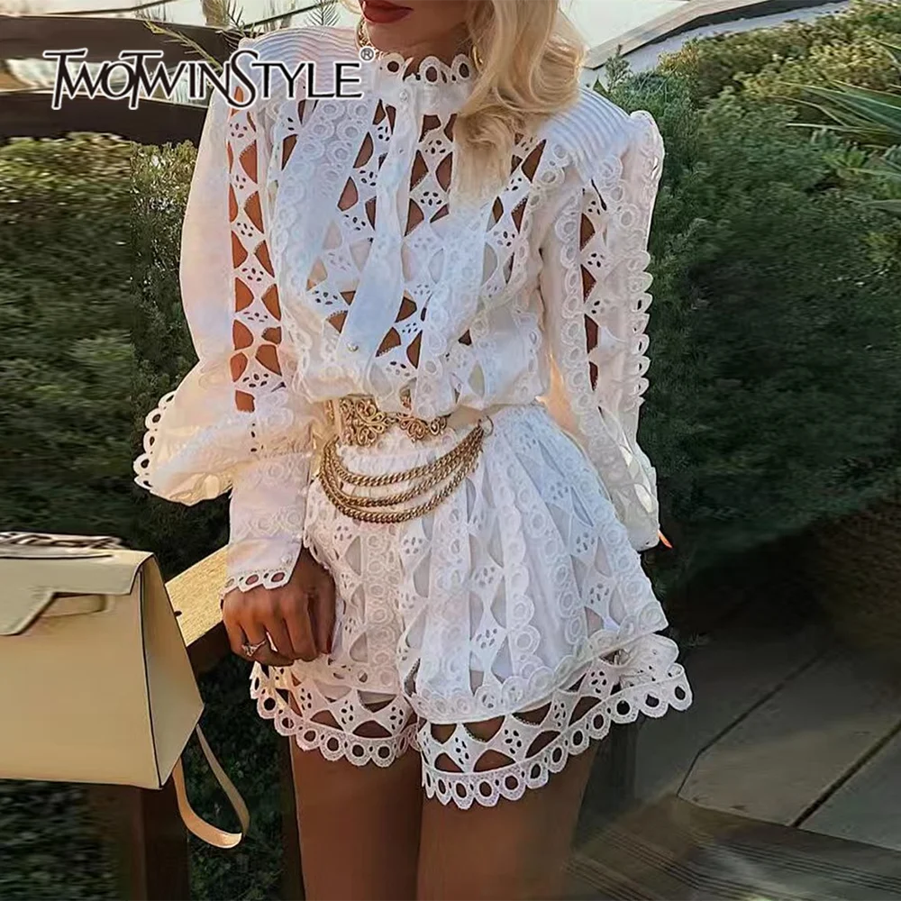 

TWOTWINSTYLE Hollow Out Spliced Pearls Dresses For Women Lapel Lantern Sleeve High Waist Patchwork Lace Up Elegant Dress Female