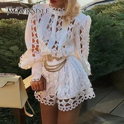 TWOTWINSTYLE Hollow Out Spliced Pearls Dresses For Women Lapel Lantern Sleeve High Waist Patchwork Lace Up Elegant Dress Female