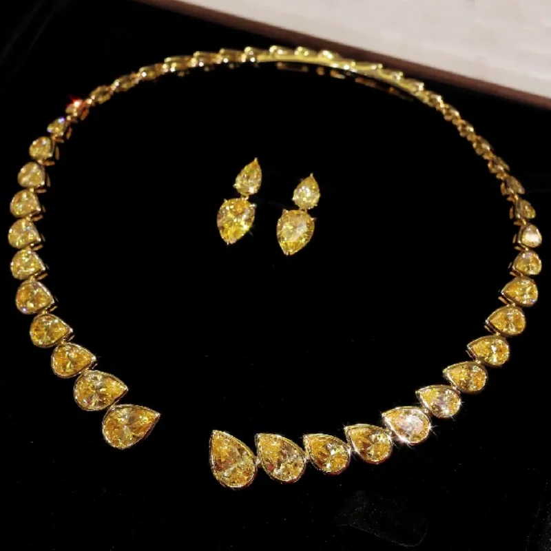 Cameo Fine Jewelry 925 Silver Synthetic Zircon Yellow Water Drop Full Diamond Gold Arm Open Design Necklace Party Banquet