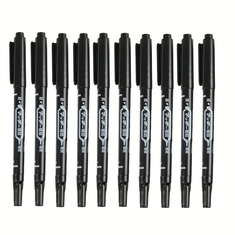 10pcs, Double-Head Black Oil-Based Markers, Suitable for Office Stationery and Professional Students, with Fine Tip Contour Pen