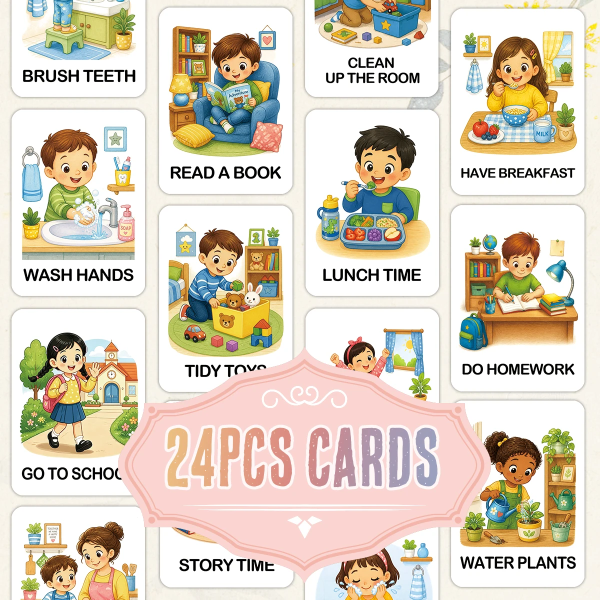 24pcs Daily Routine Cards,Self-Care&Household Chores Learning Card,For Behavior Management,Kindergarten Life Skill Teaching Aids