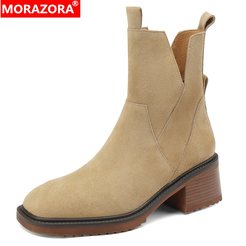 MORAZORA 2022 Size 34-43 New Cow Suede Leather Women Boots Square Heel Ankle Boots Fashion Black Apricot Autumn Winter Boots