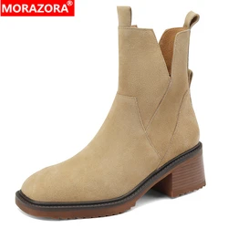 MORAZORA 2022 Size 34-43 New Cow Suede Leather Women Boots Square Heel Ankle Boots Fashion Black Apricot Autumn Winter Boots