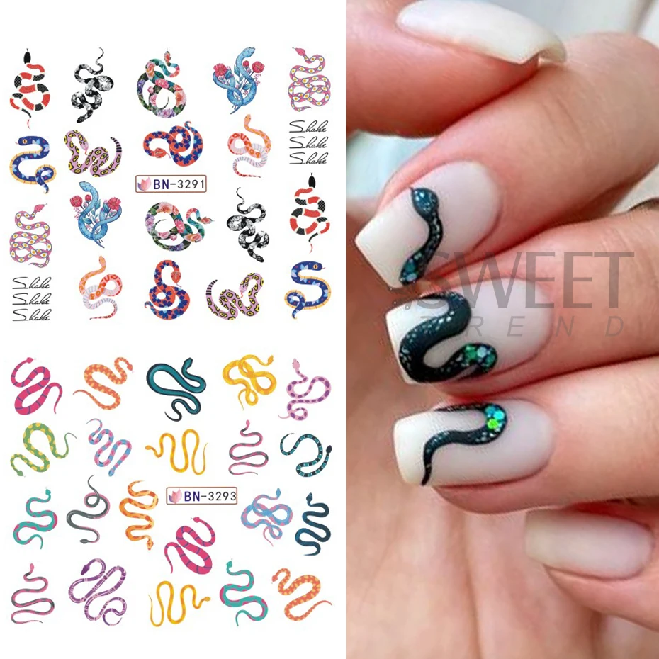 12 Design Snake Nail Water Transfer Sticker 3D Colorful Snake Rose Flower Pattern Water Decals Cute Animal Slider Manicure Foils