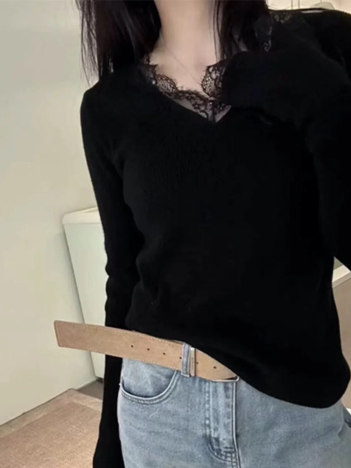 

Ele Lace Trim V-Ne Long Sve Трикотажная основа irt Женская шикарная внутренняя одежда Высококачественный модный топ в Корейском стиле Slim...