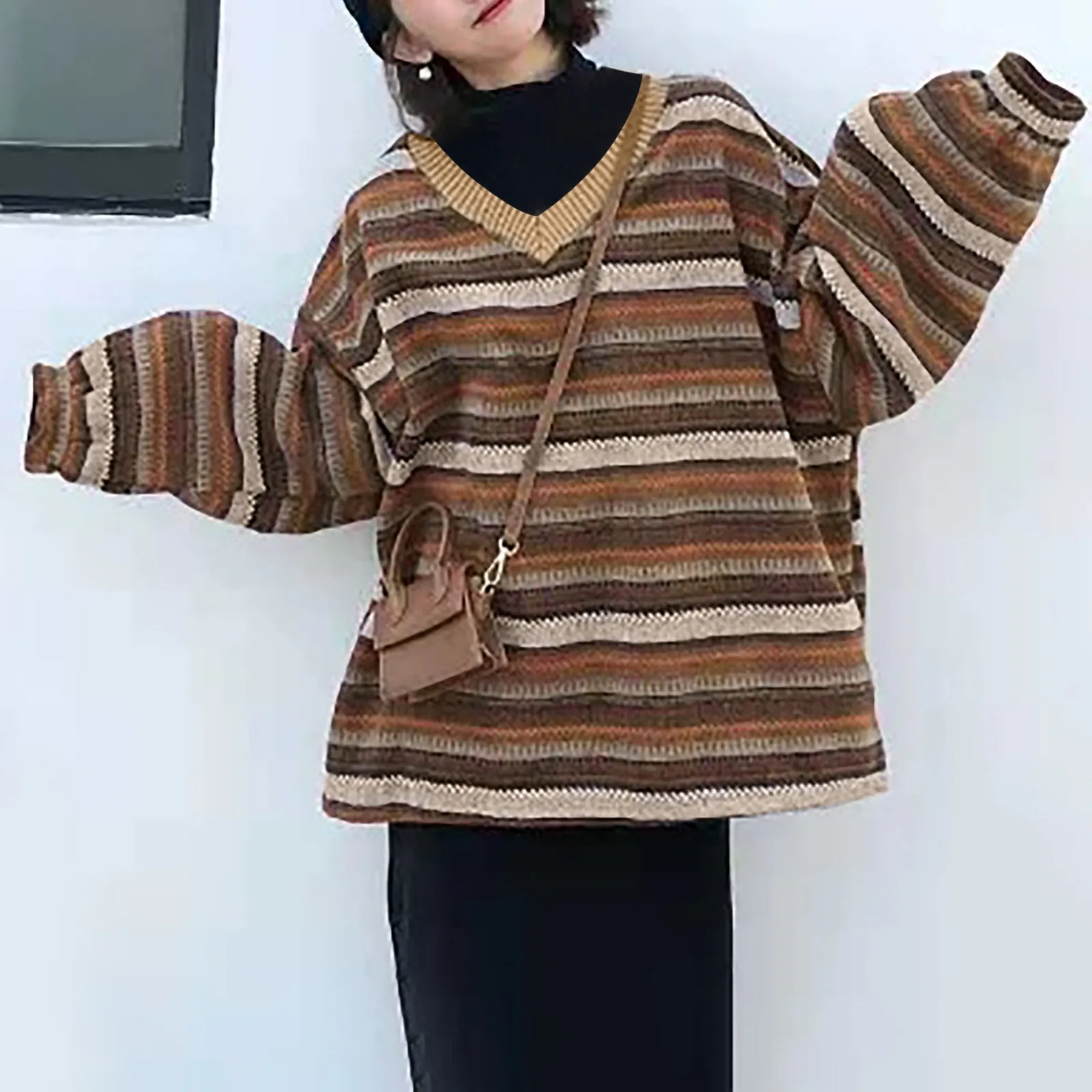 

Retro Striped Sweatshirt Women'S Autumn Winter Trendy Versatile Loose-Fit Round Neck Top Hong Kong Style Unique Pullover Tops