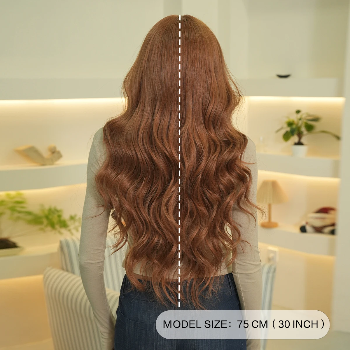 7JHH WIGS Long Body Wave Honey Brown Wig for Women Modest Fashion High Density Synthetic Wear and Go Copper Wigs with Neat Bangs - view 4