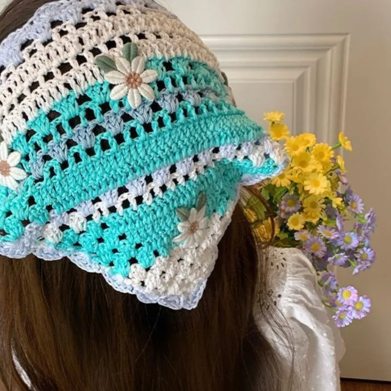 Women's Headscarf Dopamine French Mint Mambo Style Seaside Photo Girl Headband Knitted Flower Triangular Headscarf Country Style