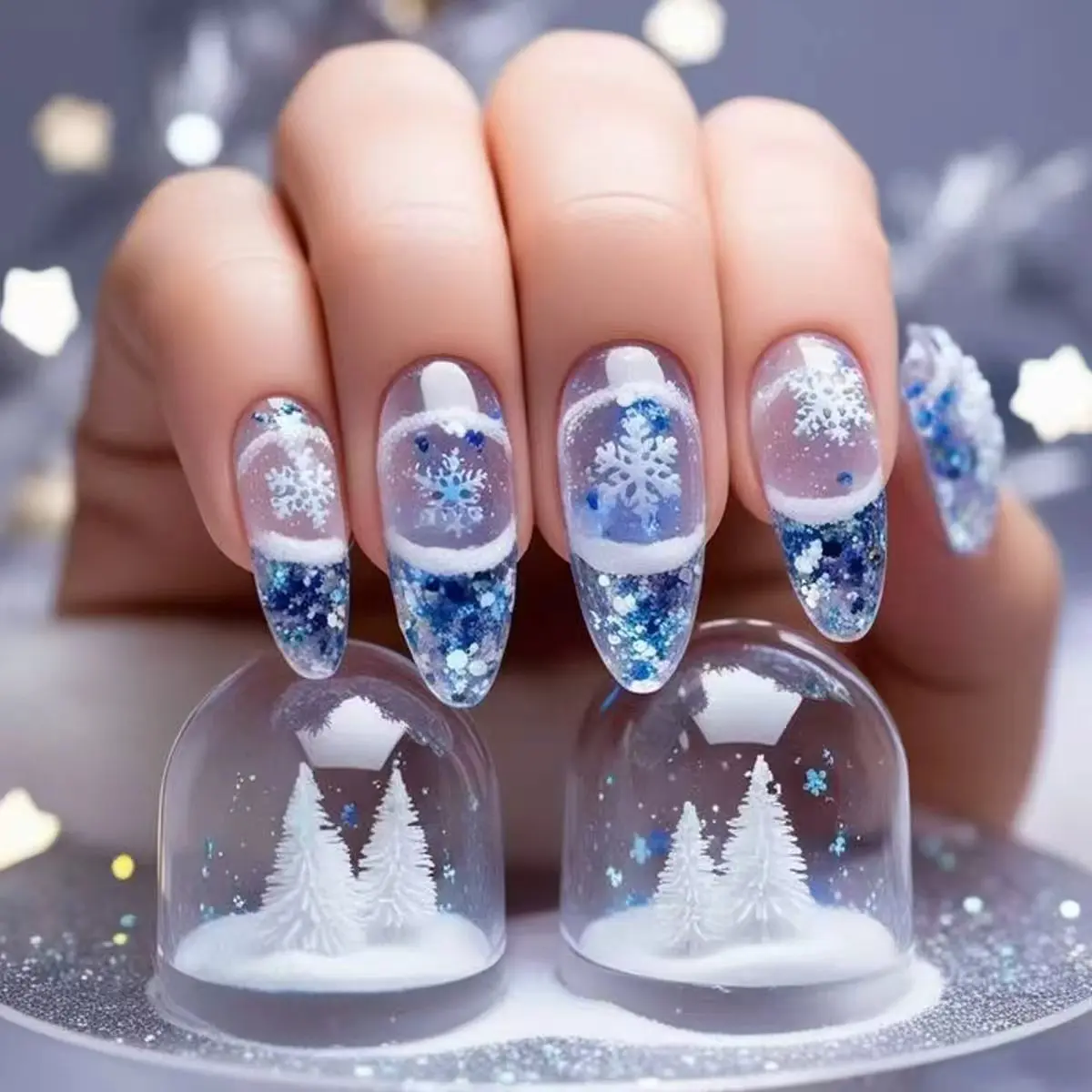 Mittelgroße quadratische Mandel-Kunstnägel für die Weihnachtsfeier, Winterwald-Schneeflocken, Weihnachtsmann, Weihnachtsmann-Design, zum Aufdrücken falscher Nägel