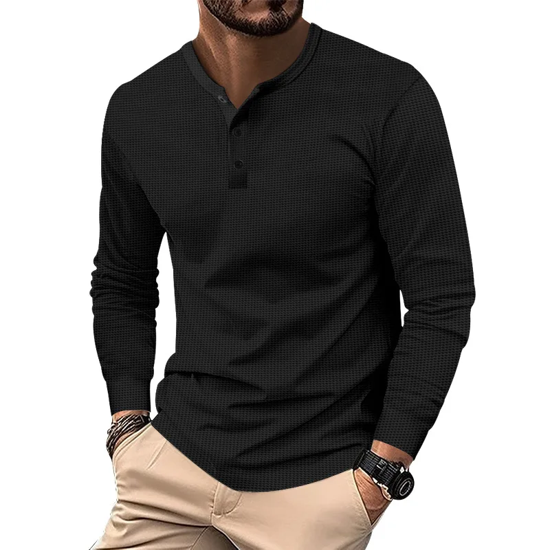 Men's Autumn New Long-sleeved Home Travel Henry Collar Button-down Long-sleeved Waffle Casual Sports Bottoming Shirt
