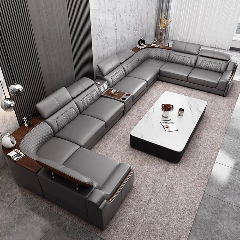 

Premium Italian Leather Couch Set with Cup Holder, USB, Adjustable Headrests & Bluetooth Speaker - Linlamlim Living Room Sofas
