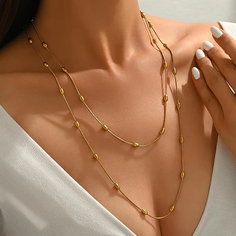 Elegant Layering Bead Ball Long Chain Necklace for Women, Stainless Steel Sweater Accessories, Station Chain Necklace 47inch
