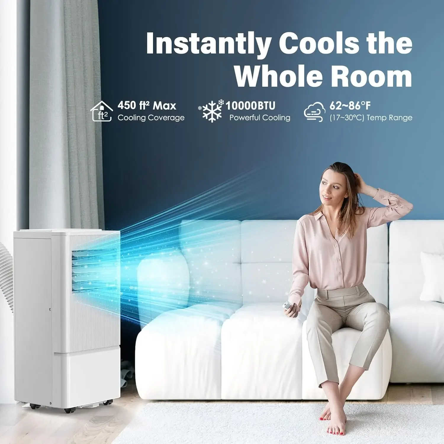 휴대용 에어컨, 최대 450제곱미터의 공간을 위한 3-in-1 10000 BTU 에어컨 휴대용 피트, 원격, 24시간 타이머